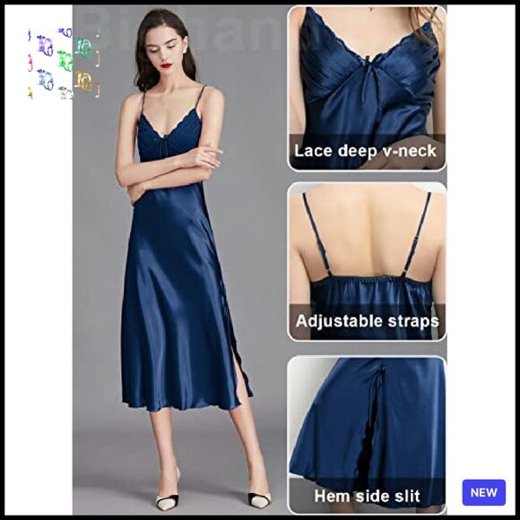 Satin Slip Dress Elegant Minimal Chic Adjustable Straps Lace Details Nightgown - Picture 4 of 7